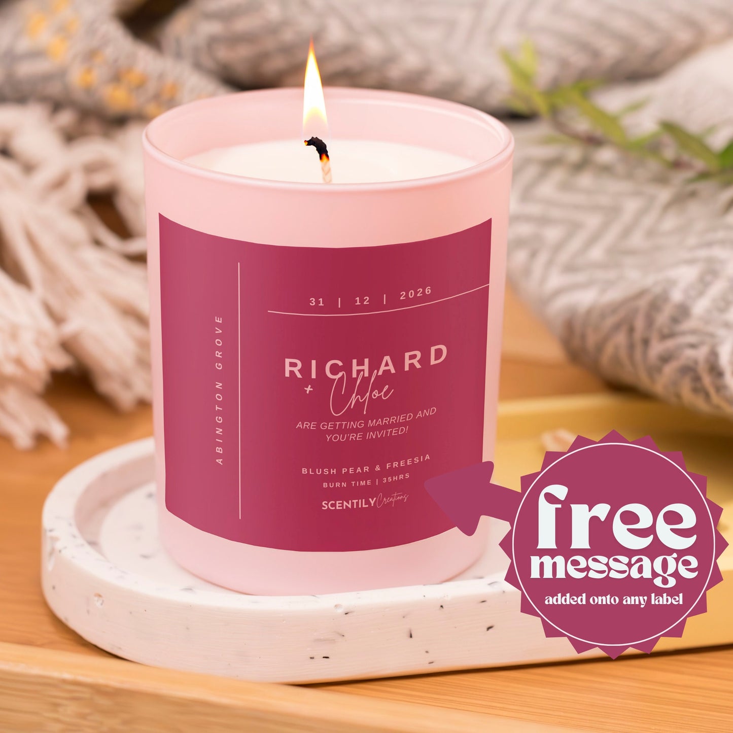Pink Wedding Candle with Custom Names