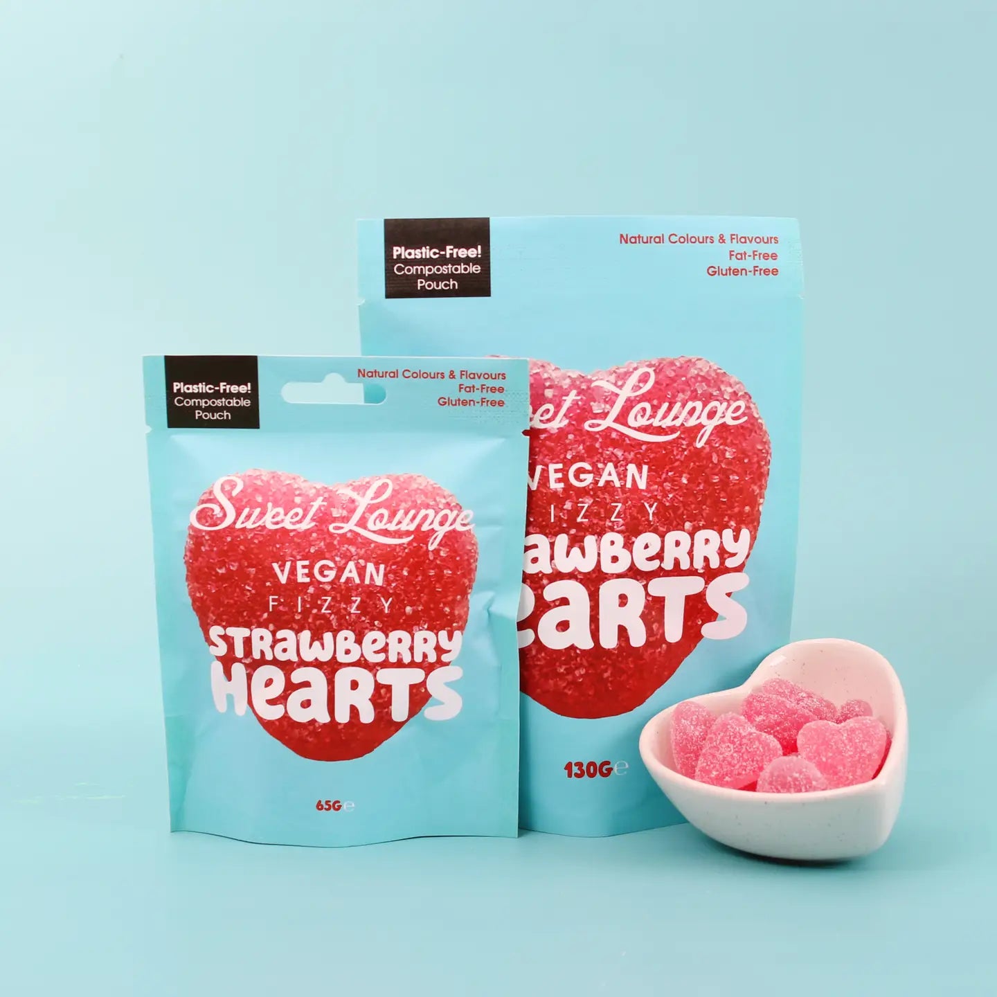 Vegan Fizzy Strawberry Hearts (Plastic-Free) 65g