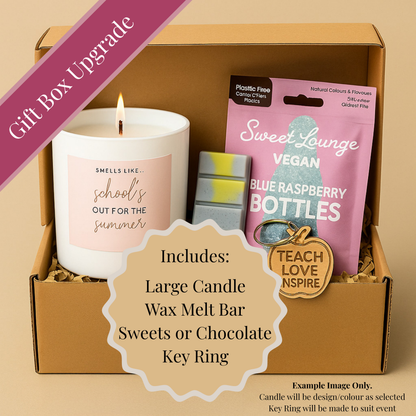a gift box containing a candle, a wax melt bar, a sweets or chocolate key ring, and a key ring. The box is labeled as an upgrade to a gift box, and it includes a large candle, a wax melt bar, sweets or chocolate, and a key ring. The box also includes a key ring and a sweets or chocolate key ring. The candle will be designed in the color as selected.