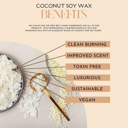 The image is an advertisement for coconut soy wax, highlighting its benefits such as clean burning, improved scent, being toxic-free, luxurious, and sustainable.