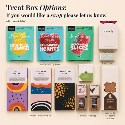 a variety of treat boxes and products, including vegan options, vegan-based sweets, and other indulgent treats.