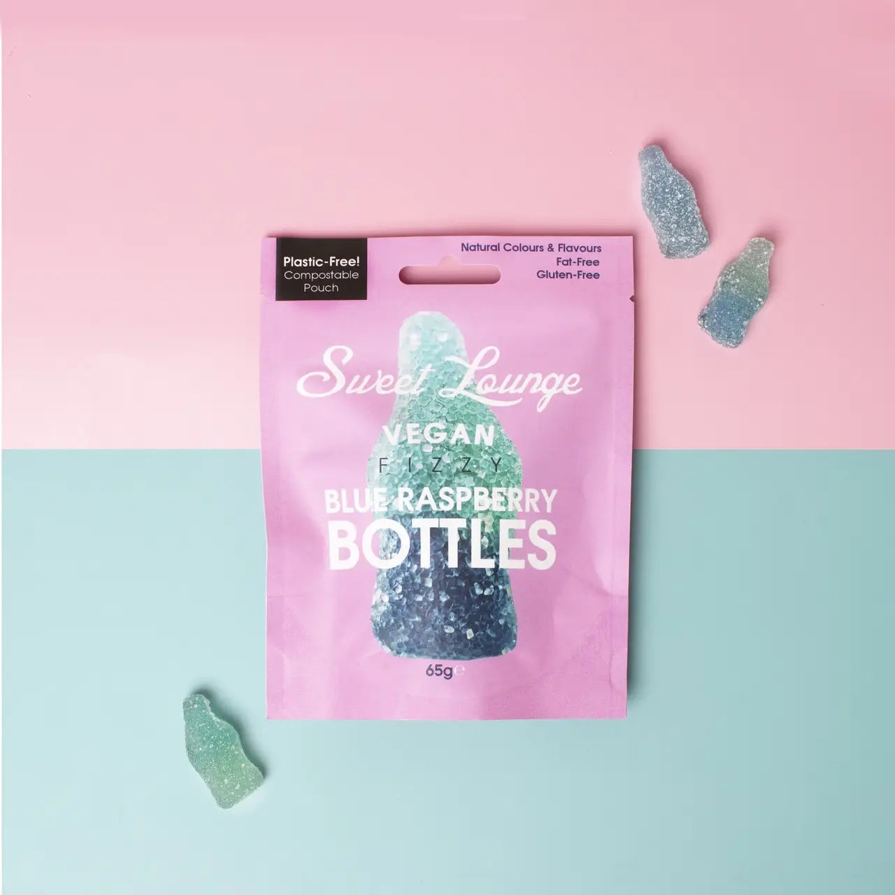 Vegan Fizzy Blue Raspberry Bottles (Plastic-Free) 65g