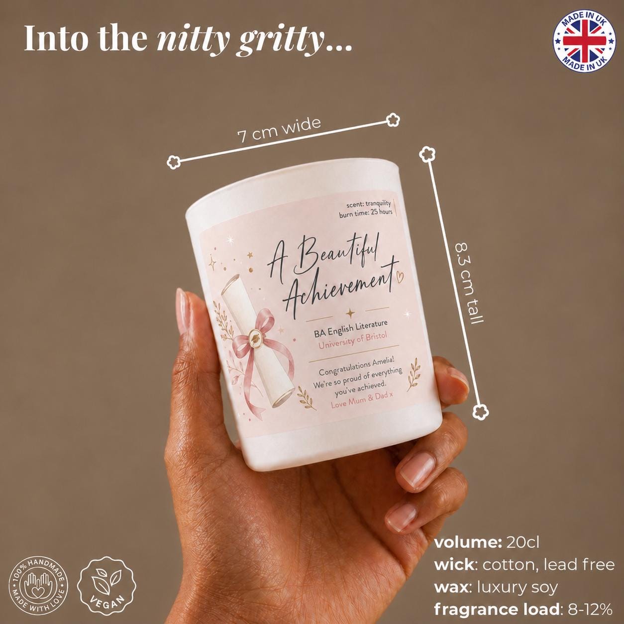 A hand holding a candle labeled "A Beautiful Achievement" against a neutral background.