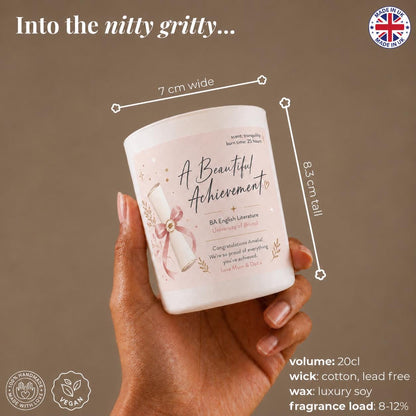 A hand holding a candle labeled "A Beautiful Achievement" against a neutral background.